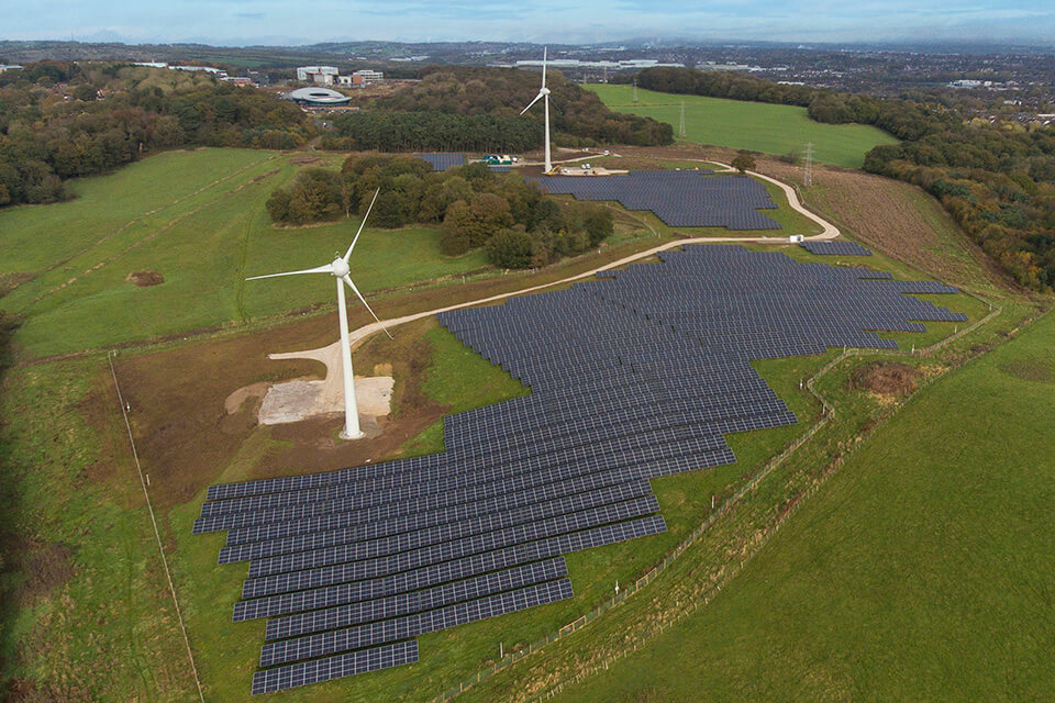 Aerial view of the Low Carbon Energy Generation Park at Keele University